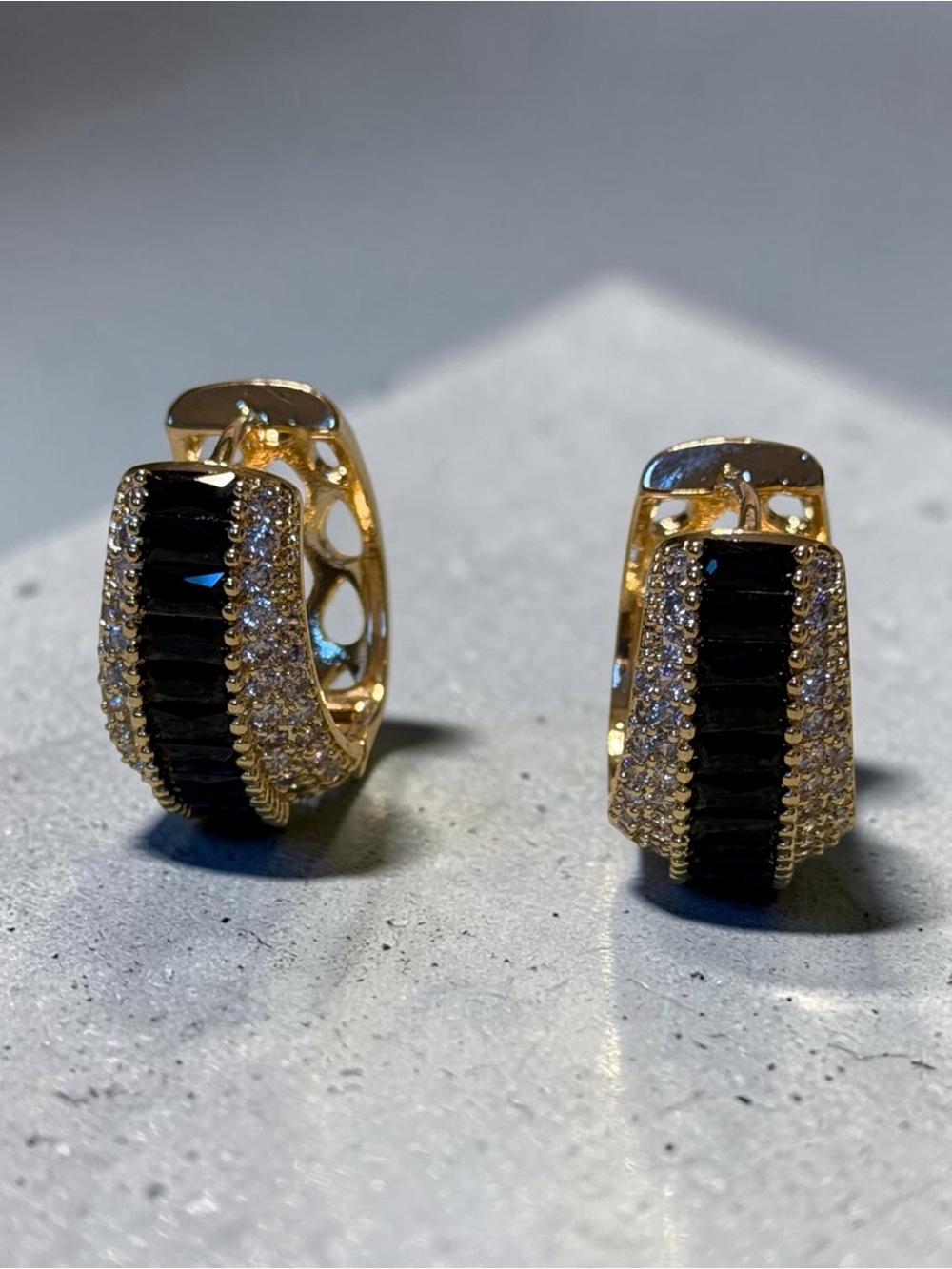 14k Gold Plated Hoop Earrings with Black and Clear Cubic Zirconia